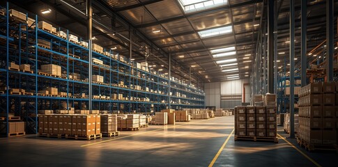 A large warehouse with a blue racking system and pallets full of goods