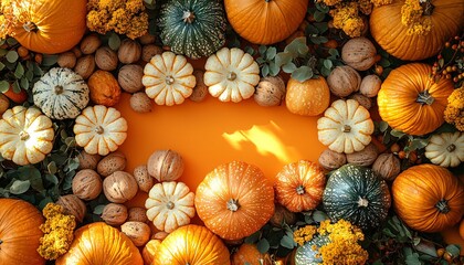 A warm autumn flat lay featuring pumpkins and nuts, ideal for Thanksgiving and Halloween decor, festive gatherings, or seasonal marketing.