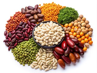 Obraz premium Assorted colorful legumes including lentils, chickpeas, and kidney beans isolated on white background, showcasing their unique shapes and vibrant natural colors.