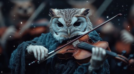A close-up image of an owl, dressed in a cloak, intricately playing the violin in an orchestra, creating a fantastical and artistic portrayal of animals engaging in human activities.