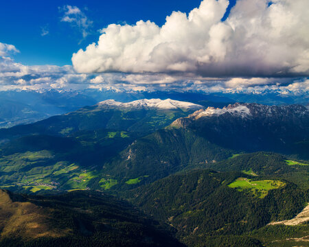Aerial view of Dolomites on a sunny day 