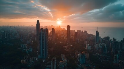 Fototapeta premium Stunning aerial view of skyscrapers at sunset over a bustling city skyline.