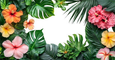 Naklejka premium Vibrant Tropical Flower Frame with Lush Green Leaves and Colorful Hibiscus Blooms
