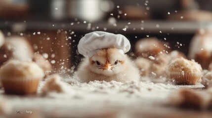 Cute chick in a chef hat stands among flour and muffins, setting a whimsical and humorous scene of a tiny cooking at work in the kitchen.