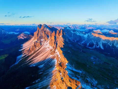 Aerial view of  Seceda in Dolomites  at sunset