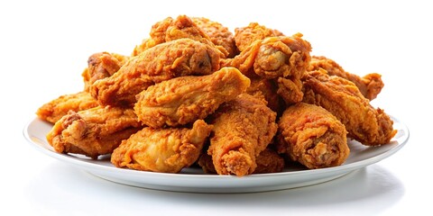 Crunchy fried chicken wings arranged artfully on a clean white background, spotlighting golden-brown skin and tender meat, perfect for foodie advertisements and culinary campaigns.