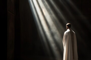 Naklejka premium Priest in Contemplation: Spiritual Light and Shadows in Sacred Spaces