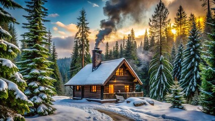 Fototapeta premium Cozy rustic log house nestled among towering evergreen trees, surrounded by lush greenery, with smoke drifting lazily from the chimney on a serene winter morning.