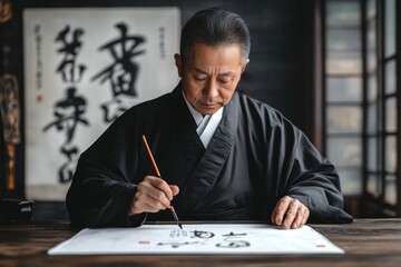 Traditional Japanese Calligrapher in Kimono Practicing Shodo Art with Brush and Ink in Calming Zen Atmosphere