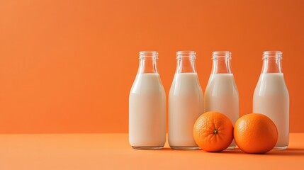 Glass milk bottles with an orange on a monochromatic orange backdrop, creating a fresh, clean, and energetic look.