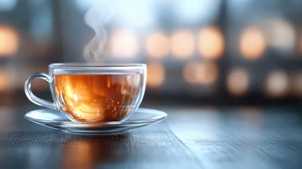 Fototapeten A beautifully shot transparent cup filled with hot tea sits on a wooden surface, with steam rising and warm light illuminating from the background, exuding a serene atmosphere. ©  Shomixer