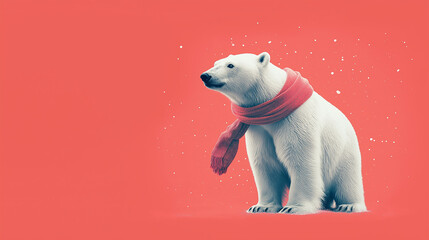 Naklejka premium a beautiful polar bear with a red scarf on his neck on a red background mysteriously looks into the distance