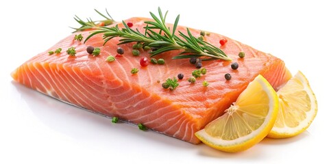 Freshly cooked salmon fillet, garnished with lemon and herbs, lies flat on a clean white background, showcasing its vibrant pink color and delicate texture.