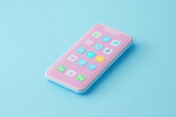 A pastel-colored smartphone on a blue background featuring various app icons.
