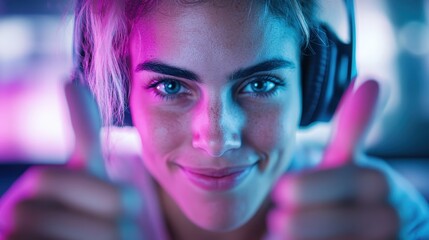 With a wide smile, the woman gives double thumbs-up while wearing headphones, exuding examplary positivity and connection in a vibrant, enthusiastic atmosphere.
