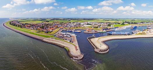 Aerial panorama from the historical town Oudeschild on Texel island in the Netherlands