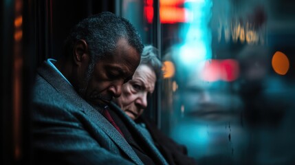 Two people sitting together with blurred city lights in the background, creating a scene filled with melancholy and companionship under urban night lights.