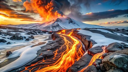 Molten lava flows down a snow-covered volcanic slope, creating a stark contrast between fiery orange rivulets and pristine white winter landscape.