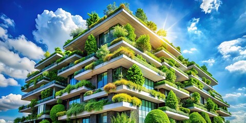 Modern eco-friendly architecture featuring a sleek, curved high-rise building with lush green walls and rooftop gardens, set against a bright, cloudless blue sky.