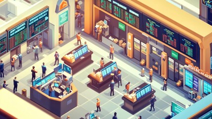Naklejka premium A busy trading floor with digital displays and people engaged in financial activities.