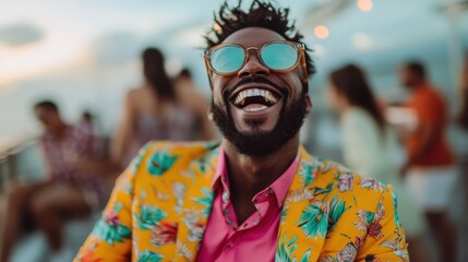 Man dressed in a colorful floral suit and pink shirt is enjoying an outdoor gathering with people in the background, creating a lively social atmosphere.