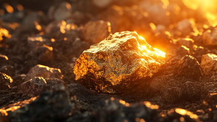 Fototapeta premium Shimmering gold rock illuminated by sunlight on a rugged terrain during a sunset hours in a remote area