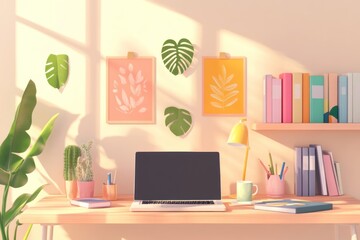 Fototapeta premium A cozy workspace with a laptop, plants, and colorful decor for productivity and creativity.