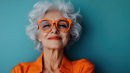 A stylish elderly woman with curly white hair, wearing oversized orange-framed glasses and an orange shirt, poses against a teal backdrop, exuding confidence.