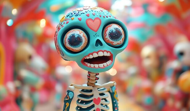 Colorful Day Of The Dead Skeleton With Big Eyes in Vibrant Festival Scene