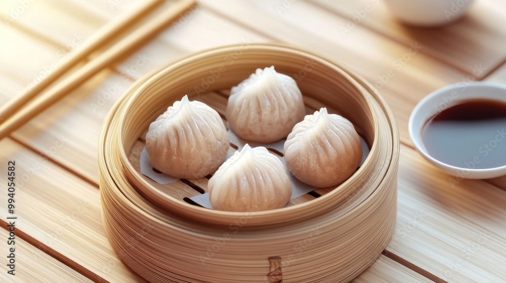 Poster A bamboo steamer containing four dumplings, served with soy sauce.