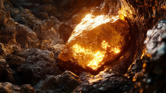 Glowing mineral rock glimmers within a dark, rocky cave illuminated by flickering lights in the depths of the earth