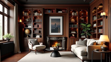 An elegant home library with built-in bookshelves, showcasing a sophisticated collection of books. This refined space offers a quiet retreat for reading and study in style.
