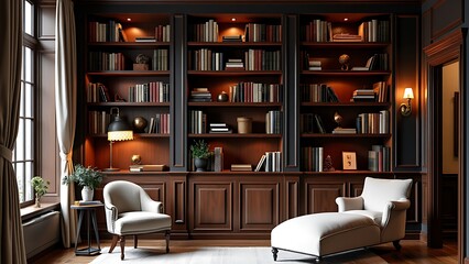 An elegant home library with built-in bookshelves, showcasing a sophisticated collection of books. This refined space offers a quiet retreat for reading and study in style.