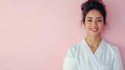 A woman in a white coat beams a gentle smile while standing against a pink wall, exuding a sense of professional calm. Her hair is tied up into a neat bun.
