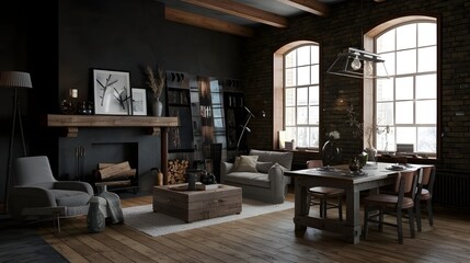 Dark industrial-style living room loft featuring a fireplace, chairs, and a table in a cozy arrangement.
