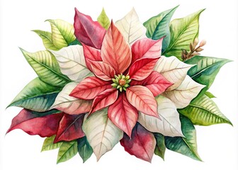 Vibrant watercolor illustration of a poinsettia flower, its delicate petals and leaves rendered in soft, blended hues of red, green, and creamy white.