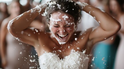 A bride in a white dress has cake smeared all over her and is laughing joyfully, celebrating at her lively wedding reception surrounded by family and friends, capturing a moment of joy and fun.