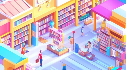 A vibrant bookstore scene with colorful shelves and people browsing and working.