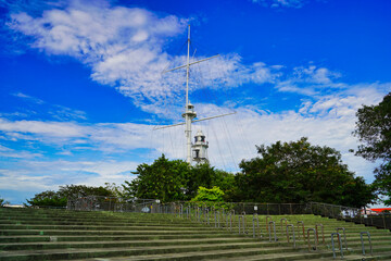 View of the Fort Cornwallis lighthouse,made of steel in 1882,21 m tall and 2nd highest in Malaysia with a crows nest mast as an additional lookout feature in Georgetown,Penang,Malaysia