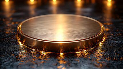 Obraz premium A circular podium illuminated by a glowing orange light set against a dark textured background