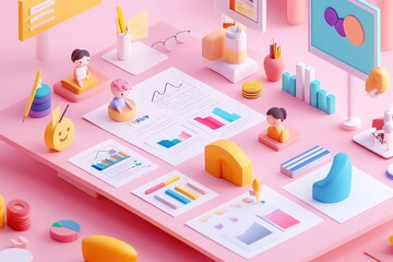 Fototapeta premium A colorful workspace featuring charts, graphs, and playful figures focused on data analysis.