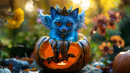 Naklejka premium Situated within a carving of a pumpkin is a blue cat donning a crown of angel clothing