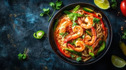 Delicious shrimp noodle soup with fresh herbs and vegetables.