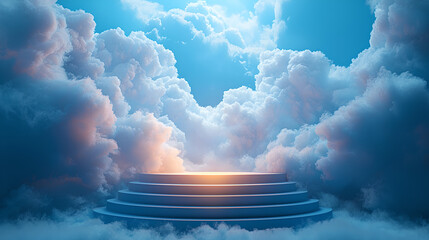 A mystical staircase rises from clouds into a bright heavenly sky
