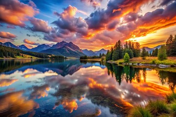 Fototapeta premium Dramatic Landscape with Vibrant Sky at Sunset Over Mountains and a Calm Lake Reflecting Colors