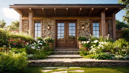 Fototapeta premium A nice entrance of a luxury house and outdoor landscape. housing insurance against impending loss and fire, home and real estate insurance concepts