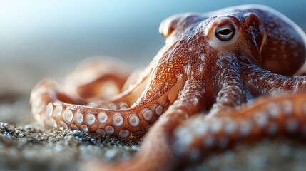 A detailed close-up image showcasing the tentacles of an octopus spread out on a sandy beach, capturing the finer details and ambience of a serene beach environment.