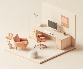 Fototapeta premium A minimalist office space featuring a desk, chair, lamp, and plant in soft colors.