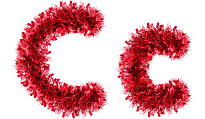 letter C made from New Year's tinsel, isolated Christmas tinsel, tinsel garland