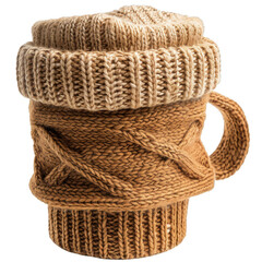Obraz premium Brown knitted wool cup warmer for cozy winter drinks, isolated on a white background